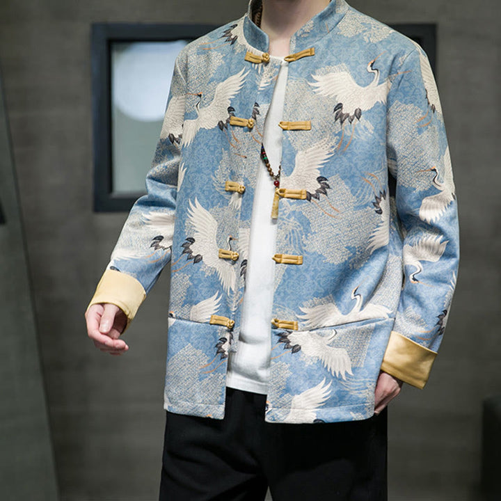 Buddha Stones Vêtements du Nouvel An chinois Grue blanche Grenouille dorée Bouton Tang Costume Coton Veste Homme Chemise Avec Poches