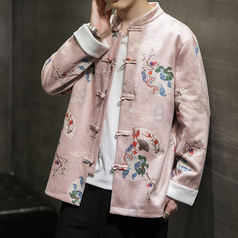 Buddha Stones Vêtements du Nouvel An chinois Fleurs Éventail de dragon Nuages ​​de bon augure Costume Tang à boutons de grenouille Veste en coton pour hommes Chemise  - image 2