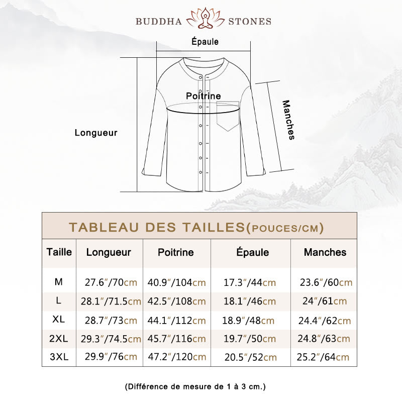 Chemise à manches longues et col montant pour homme avec poche en coton et lin décontracté de couleur unie Buddha Stones