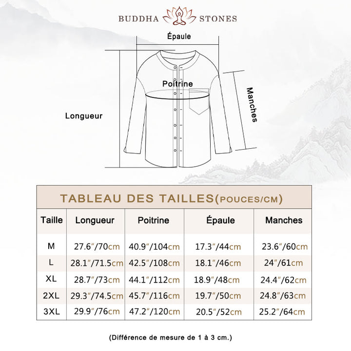 Chemise à manches longues et col montant pour homme avec poche en coton et lin décontracté de couleur unie Buddha Stones
