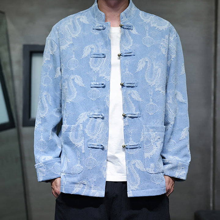 Veste en coton pour homme avec poches, broderie jacquard, dragon, lanterne, bouton de grenouille, costume Tang , Buddha Stones , nouvel an chinois