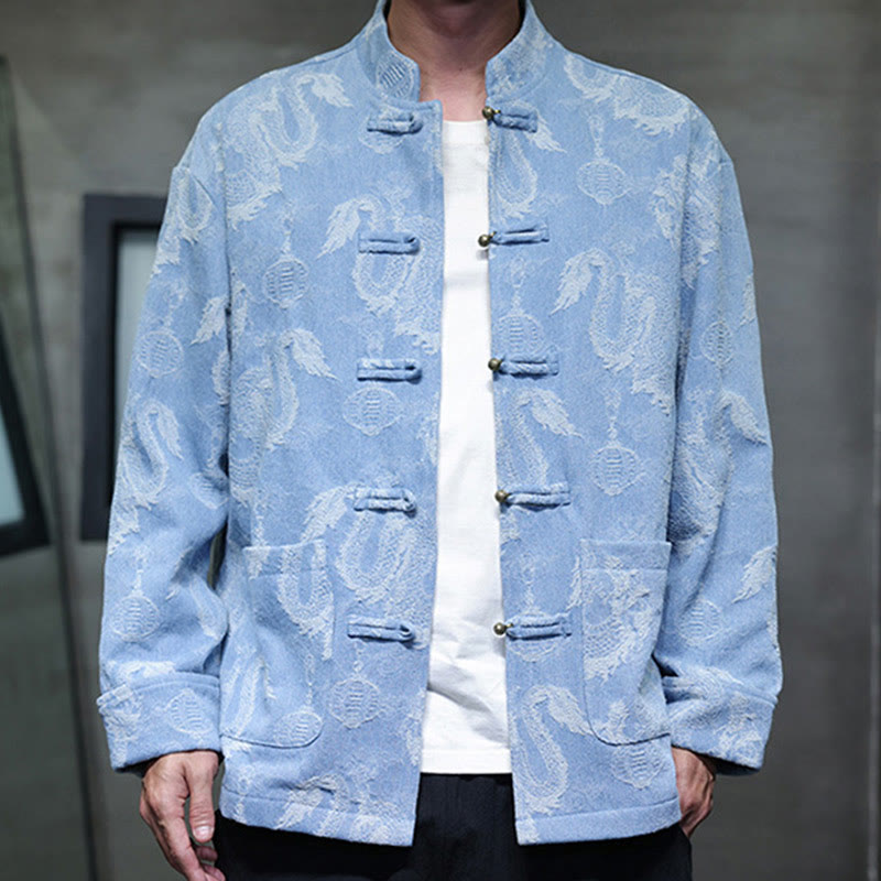 Veste en coton pour homme avec poches, broderie jacquard, dragon, lanterne, bouton de grenouille, costume Tang , Buddha Stones , nouvel an chinois