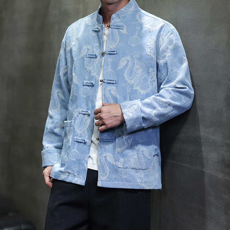 Veste en coton pour homme avec poches, broderie jacquard, dragon, lanterne, bouton de grenouille, costume Tang , Buddha Stones , nouvel an chinois