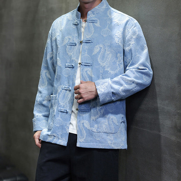 Veste en coton pour homme avec poches, broderie jacquard, dragon, lanterne, bouton de grenouille, costume Tang , Buddha Stones , nouvel an chinois