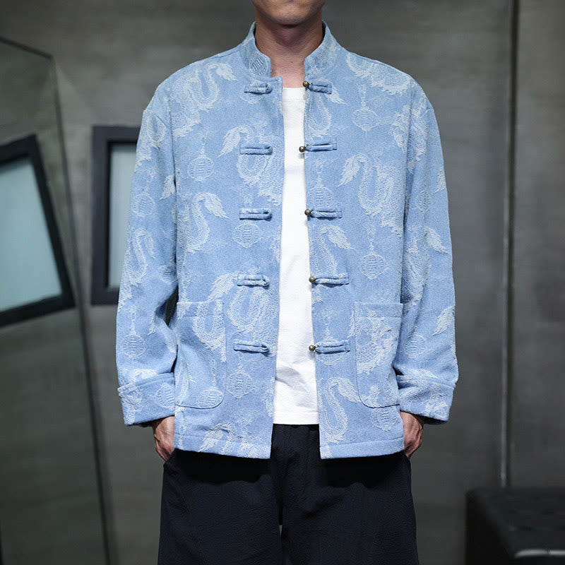 Veste en coton pour homme avec poches, broderie jacquard, dragon, lanterne, bouton de grenouille, costume Tang , Buddha Stones , nouvel an chinois