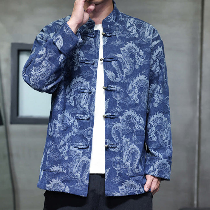 Veste en coton pour homme avec poches, broderie jacquard, dragon, lanterne, bouton de grenouille, costume Tang , Buddha Stones , nouvel an chinois