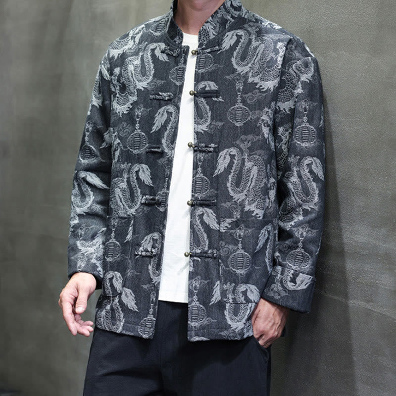 Veste en coton pour homme avec poches, broderie jacquard, dragon, lanterne, bouton de grenouille, costume Tang , Buddha Stones , nouvel an chinois