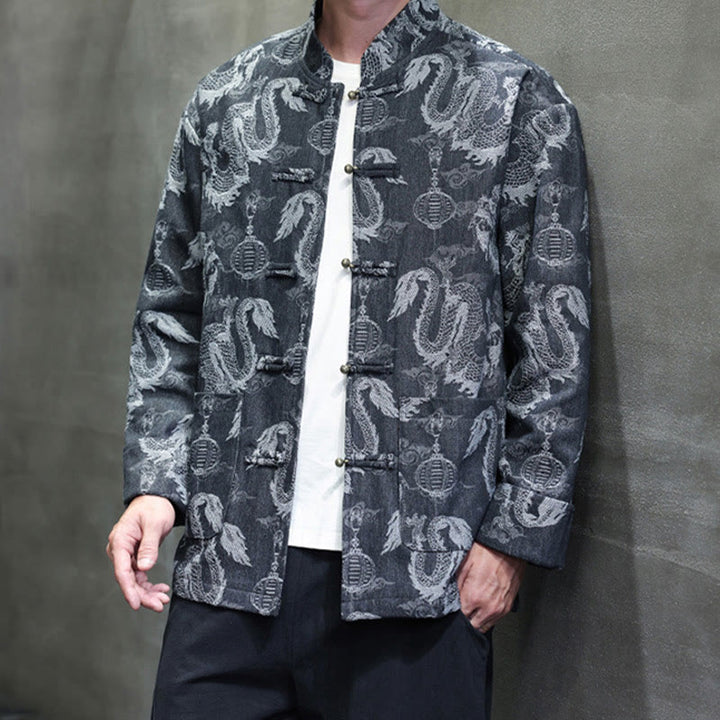 Veste en coton pour homme avec poches, broderie jacquard, dragon, lanterne, bouton de grenouille, costume Tang , Buddha Stones , nouvel an chinois