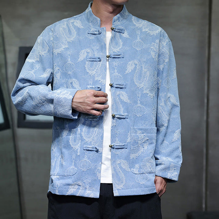 Veste en coton pour homme avec poches, broderie jacquard, dragon, lanterne, bouton de grenouille, costume Tang , Buddha Stones , nouvel an chinois