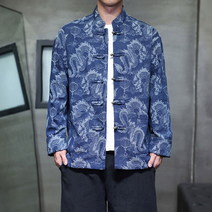 Veste en coton pour homme avec poches, broderie jacquard, dragon, lanterne, bouton de grenouille, costume Tang , Buddha Stones , nouvel an chinois
