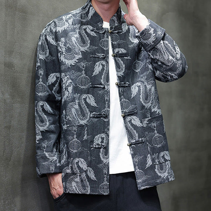 Veste en coton pour homme avec poches, broderie jacquard, dragon, lanterne, bouton de grenouille, costume Tang , Buddha Stones , nouvel an chinois