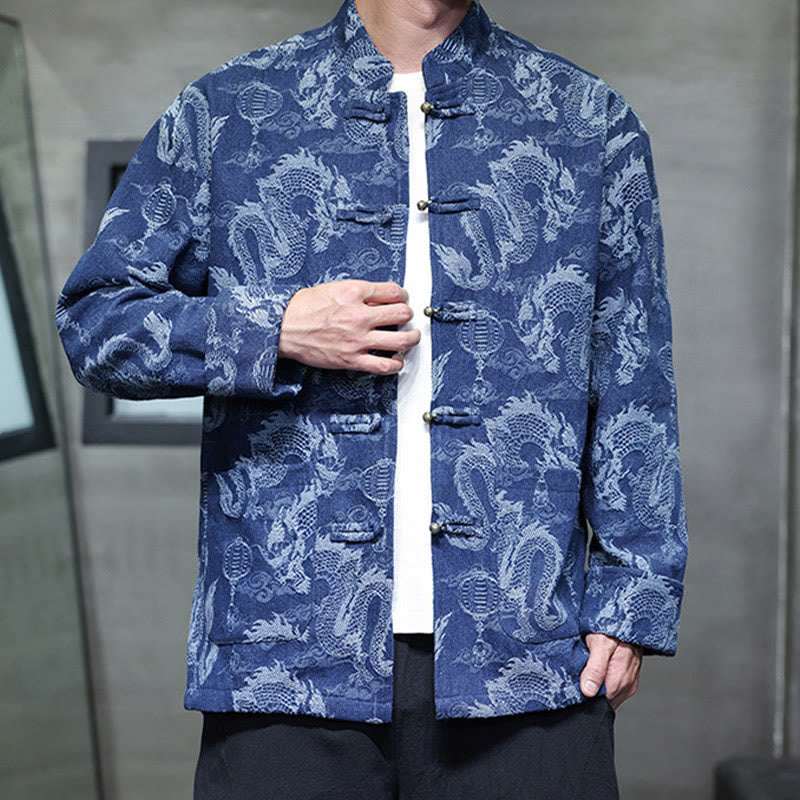 Veste en coton pour homme avec poches, broderie jacquard, dragon, lanterne, bouton de grenouille, costume Tang , Buddha Stones , nouvel an chinois