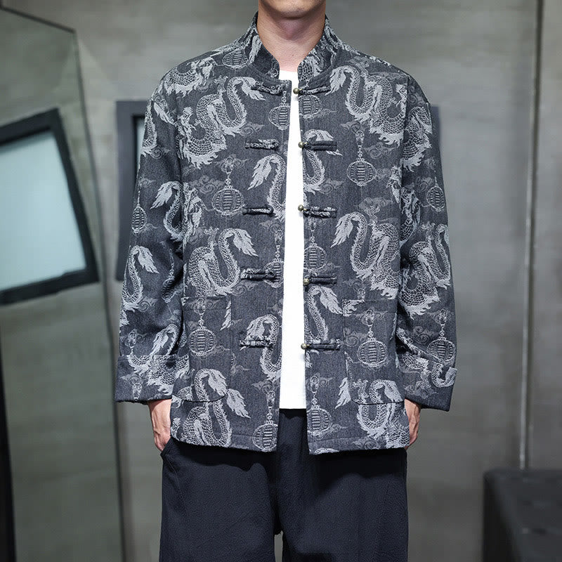 Veste en coton pour homme avec poches, broderie jacquard, dragon, lanterne, bouton de grenouille, costume Tang , Buddha Stones , nouvel an chinois
