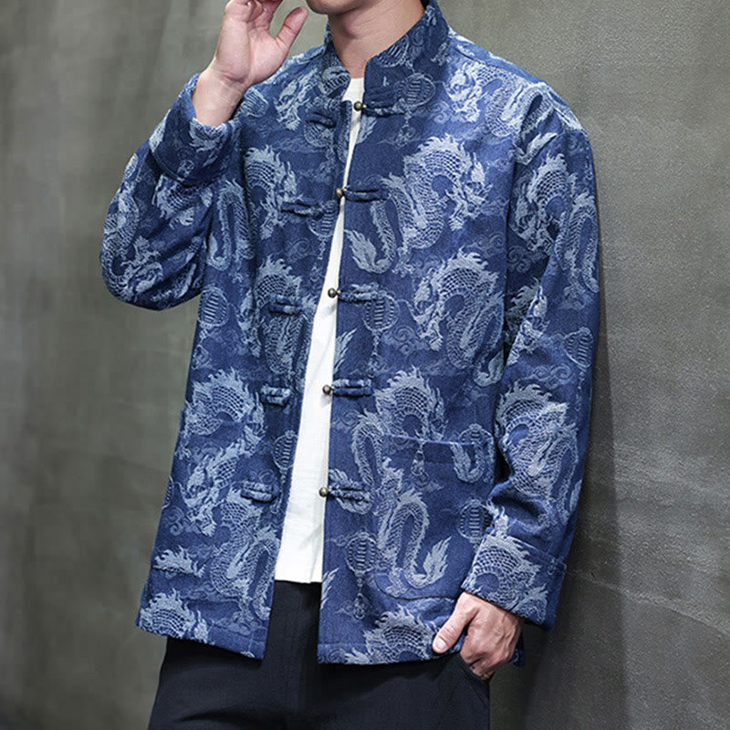Veste en coton pour homme avec poches, broderie jacquard, dragon, lanterne, bouton de grenouille, costume Tang , Buddha Stones , nouvel an chinois
