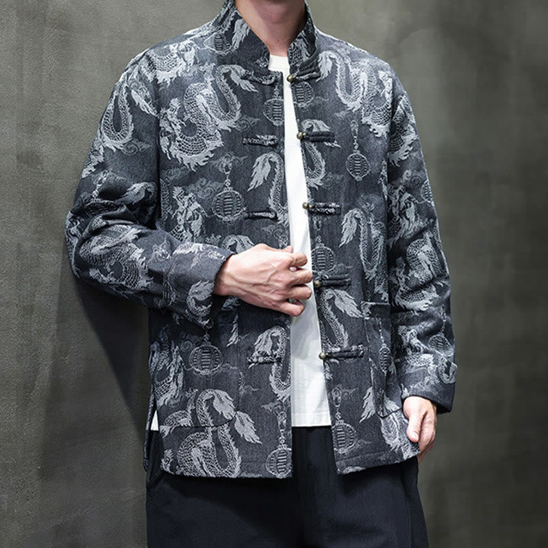 Veste en coton pour homme avec poches, broderie jacquard, dragon, lanterne, bouton de grenouille, costume Tang , Buddha Stones , nouvel an chinois
