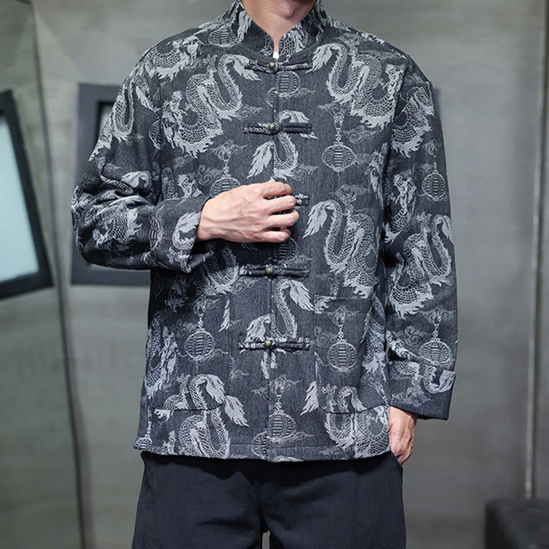 Veste en coton pour homme avec poches, broderie jacquard, dragon, lanterne, bouton de grenouille, costume Tang , Buddha Stones , nouvel an chinois
