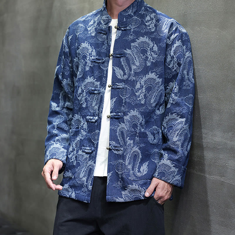 Veste en coton pour homme avec poches, broderie jacquard, dragon, lanterne, bouton de grenouille, costume Tang , Buddha Stones , nouvel an chinois