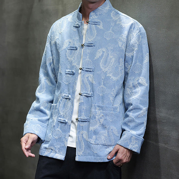 Veste en coton pour homme avec poches, broderie jacquard, dragon, lanterne, bouton de grenouille, costume Tang , Buddha Stones , nouvel an chinois