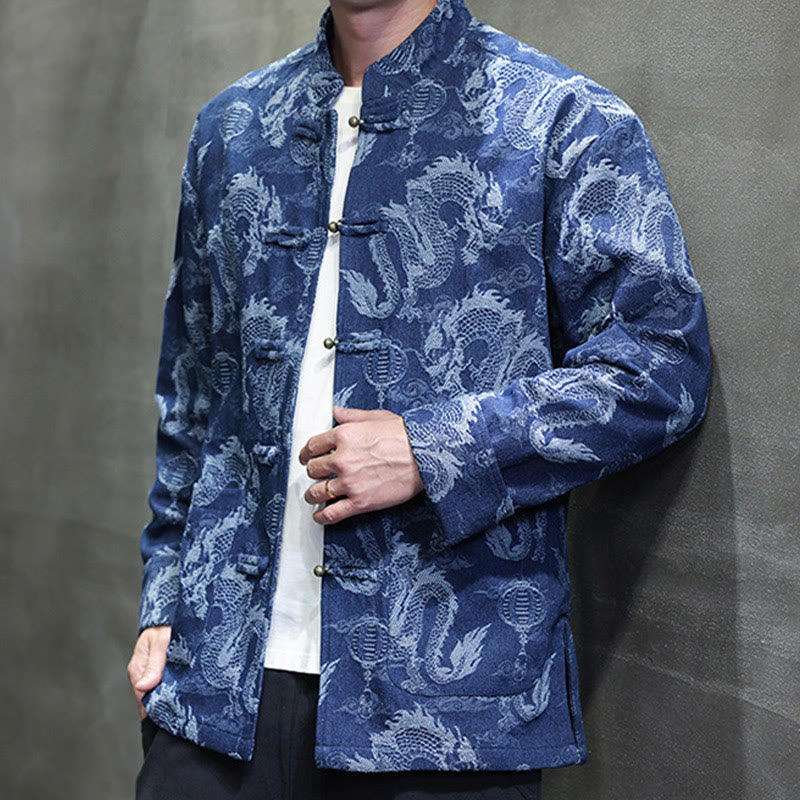 Veste en coton pour homme avec poches, broderie jacquard, dragon, lanterne, bouton de grenouille, costume Tang , Buddha Stones , nouvel an chinois