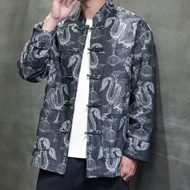 Veste en coton pour homme avec poches, broderie jacquard, dragon, lanterne, bouton de grenouille, costume Tang , Buddha Stones , nouvel an chinois