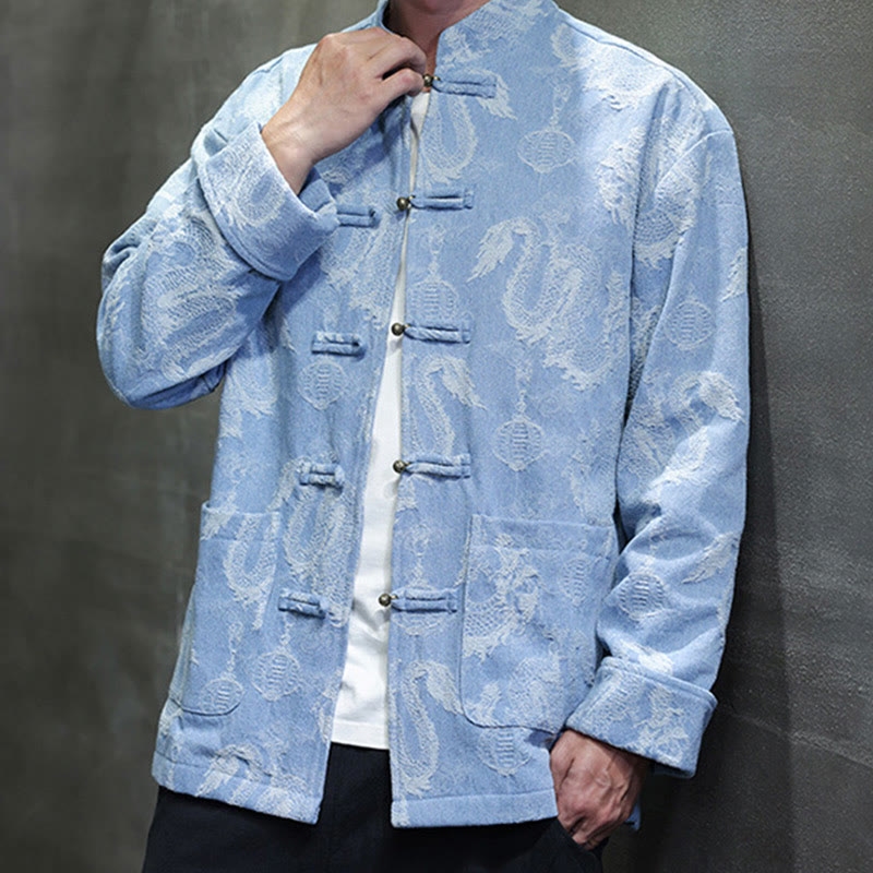 Veste en coton pour homme avec poches, broderie jacquard, dragon, lanterne, bouton de grenouille, costume Tang , Buddha Stones , nouvel an chinois