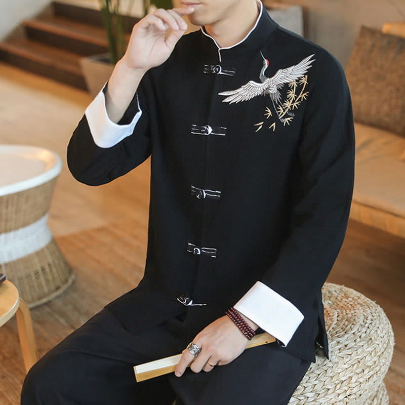 Buddha Stones en coton pour homme avec broderie de grue volante et boutons de grenouille, style Tang, Nouvel An chinois - image 12