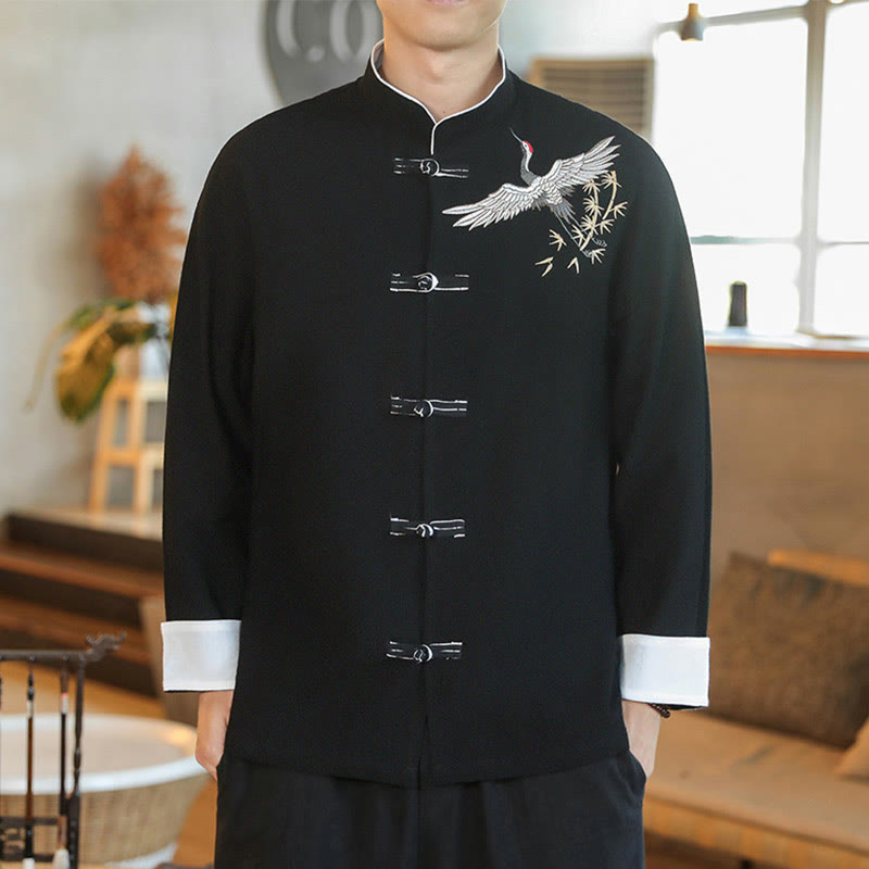 Buddha Stones en coton pour homme avec broderie de grue volante et boutons de grenouille, style Tang, Nouvel An chinois - Noir - US/UK/AU46，EU56 (5XL) - image 10