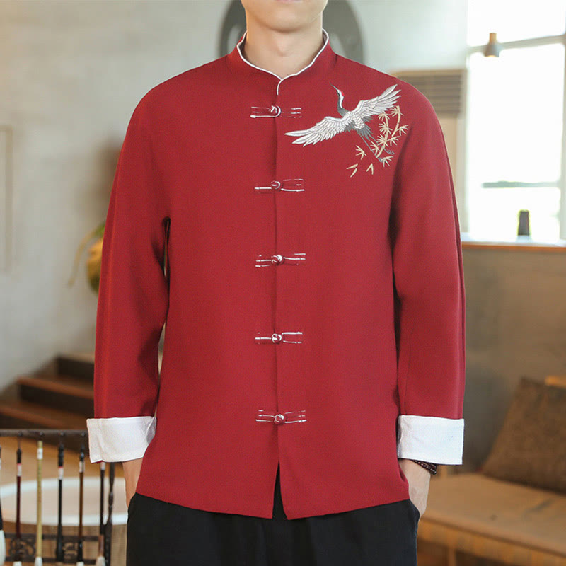 Buddha Stones en coton pour homme avec broderie de grue volante et boutons de grenouille, style Tang, Nouvel An chinois - Cramoisi - US/UK/AU46，EU56 (5XL) - image 0
