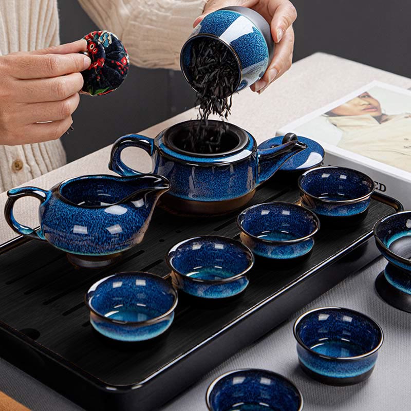 Coffret cadeau portable avec théière en céramique et théière chinoise Gongfu en dégradé de couleurs bleues et Buddha Stones
