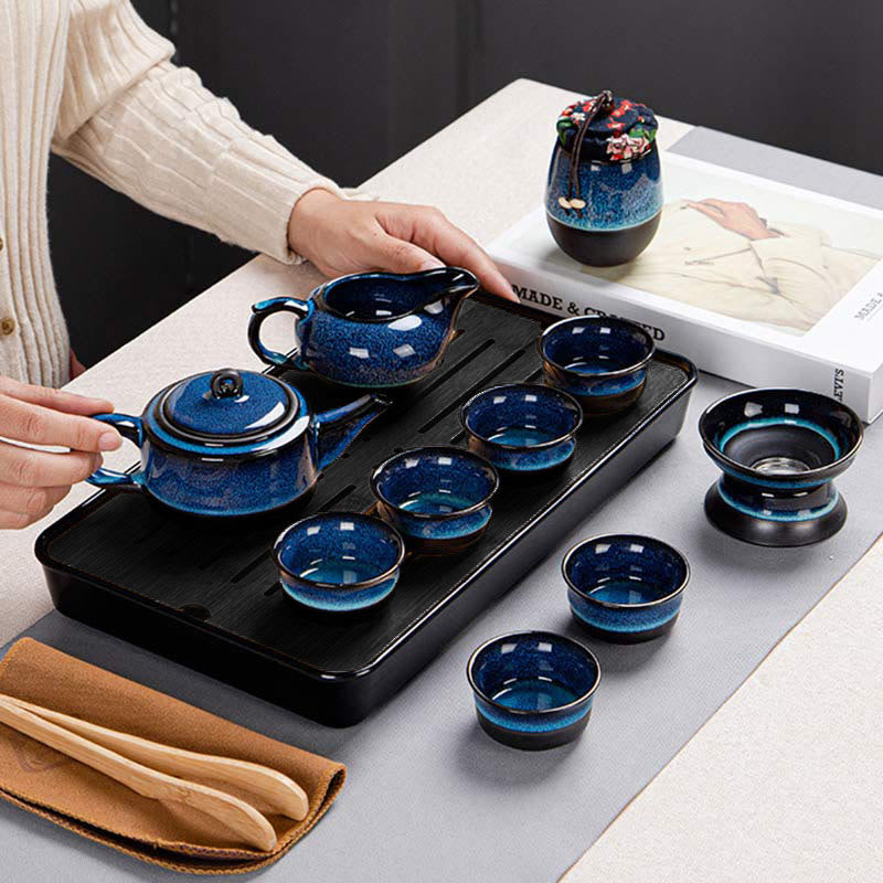 Coffret cadeau portable avec théière en céramique et théière chinoise Gongfu en dégradé de couleurs bleues et Buddha Stones