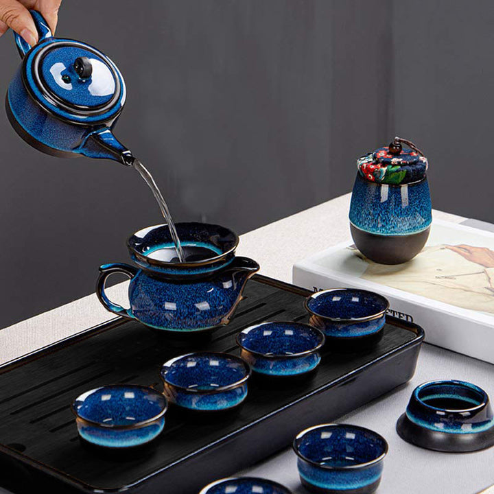 Coffret cadeau portable avec théière en céramique et théière chinoise Gongfu en dégradé de couleurs bleues et Buddha Stones