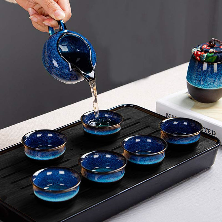 Coffret cadeau portable avec théière en céramique et théière chinoise Gongfu en dégradé de couleurs bleues et Buddha Stones