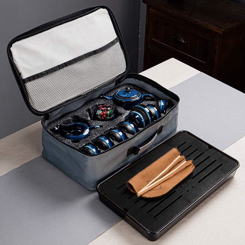 Coffret cadeau portable avec théière en céramique et théière chinoise Gongfu en dégradé de couleurs bleues et Buddha Stones