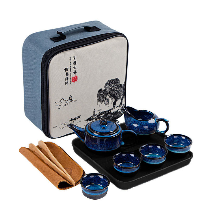 Coffret cadeau portable avec théière en céramique et théière chinoise Gongfu en dégradé de couleurs bleues et Buddha Stones - 1 théière + 4 tasses + 1 pot + plateau + sac - image 0