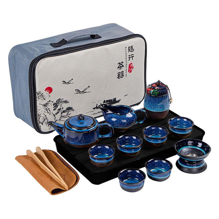Coffret cadeau portable avec théière en céramique et théière chinoise Gongfu en dégradé de couleurs bleues et Buddha Stones