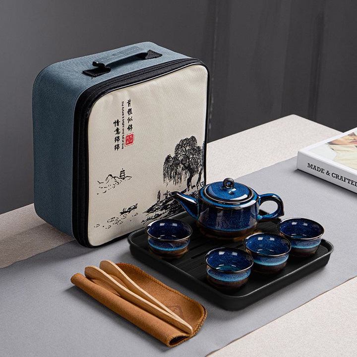 Coffret cadeau portable avec théière en céramique et théière chinoise Gongfu en dégradé de couleurs bleues et Buddha Stones - 1 théière + 4 tasses + plateau + sac - image 8