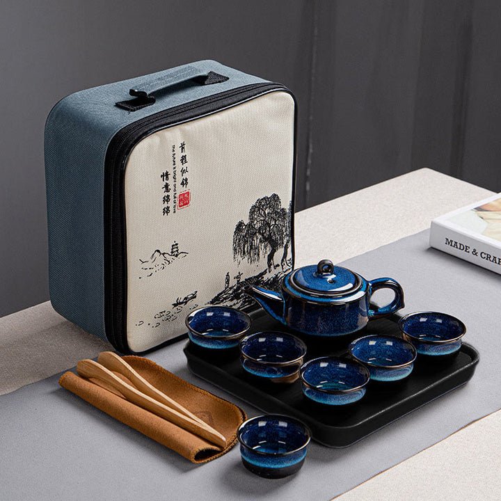 Coffret cadeau portable avec théière en céramique et théière chinoise Gongfu en dégradé de couleurs bleues et Buddha Stones - 1 théière + 6 tasses + plateau + sac - image 9