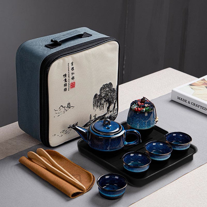 Coffret cadeau portable avec théière en céramique et théière chinoise Gongfu en dégradé de couleurs bleues et Buddha Stones - 1 théière + 4 tasses + 1 boîte de conserve + plateau + sac - image 10