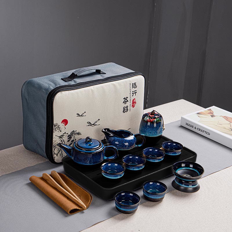 Coffret cadeau portable avec théière en céramique et théière chinoise Gongfu en dégradé de couleurs bleues et Buddha Stones