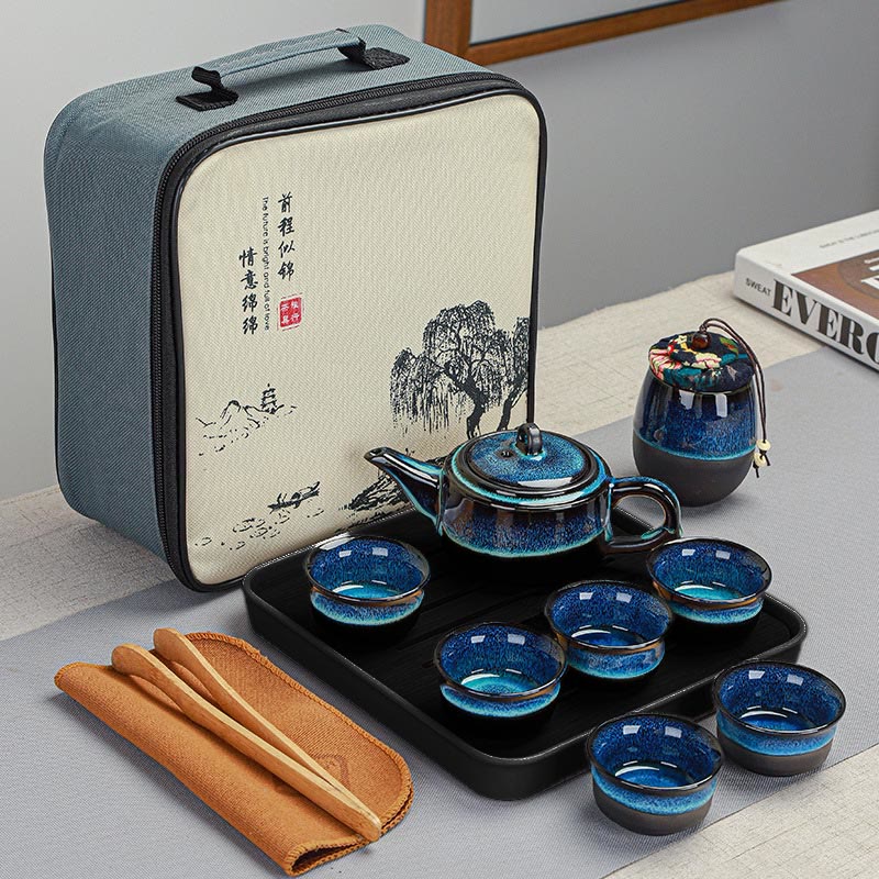 Coffret cadeau portable avec théière en céramique et théière chinoise Gongfu en dégradé de couleurs bleues et Buddha Stones