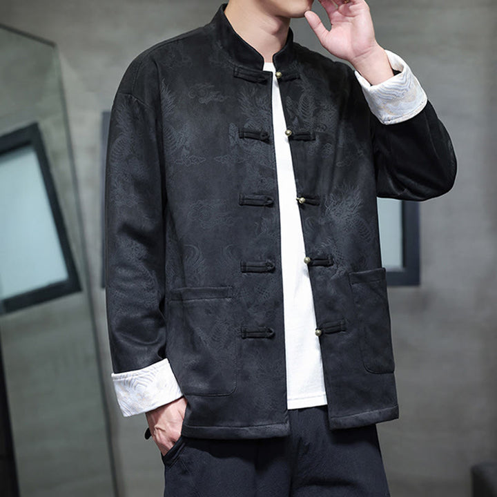 Veste et chemise à boutons de grenouille pour homme avec poches et imprimé Buddha Stones du Nouvel An chinois