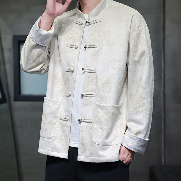 Veste et chemise à boutons de grenouille pour homme avec poches et imprimé Buddha Stones du Nouvel An chinois