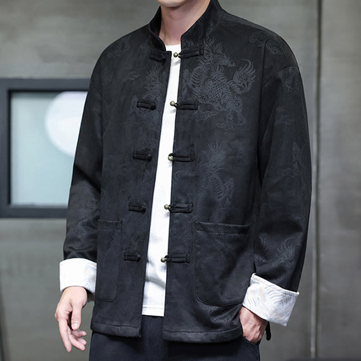 Veste et chemise à boutons de grenouille pour homme avec poches et imprimé Buddha Stones du Nouvel An chinois
