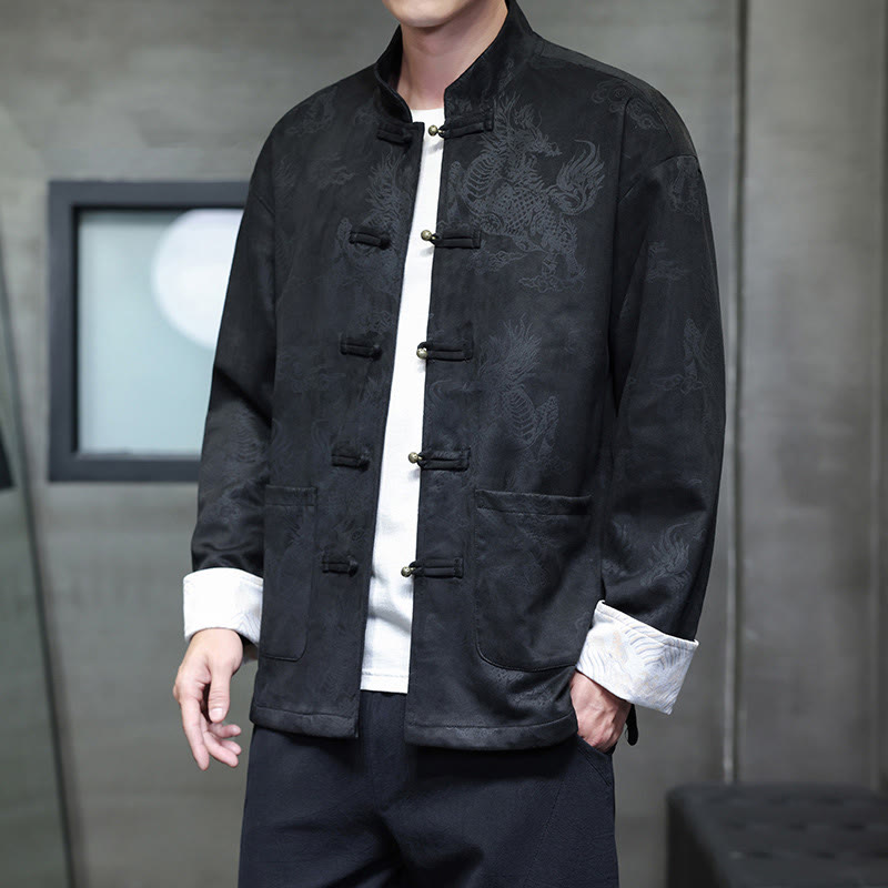 Veste et chemise à boutons de grenouille pour homme avec poches et imprimé Buddha Stones du Nouvel An chinois