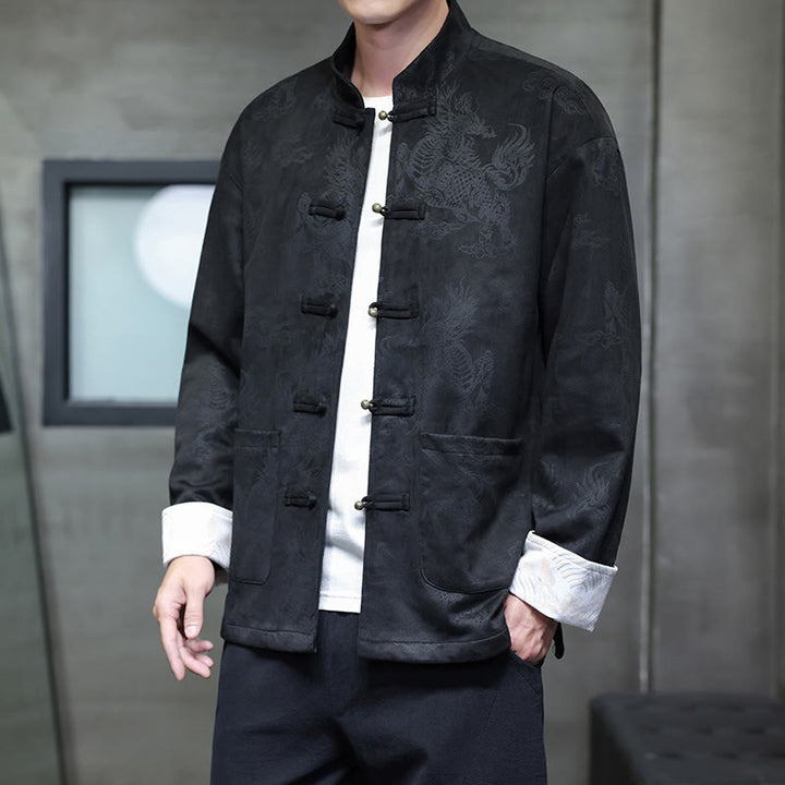 Veste et chemise à boutons de grenouille pour homme avec poches et imprimé Buddha Stones du Nouvel An chinois