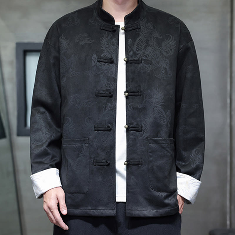 Veste et chemise à boutons de grenouille pour homme avec poches et imprimé Buddha Stones du Nouvel An chinois - Noir - US/UK/AU46，EU56 (5XL) - image 13