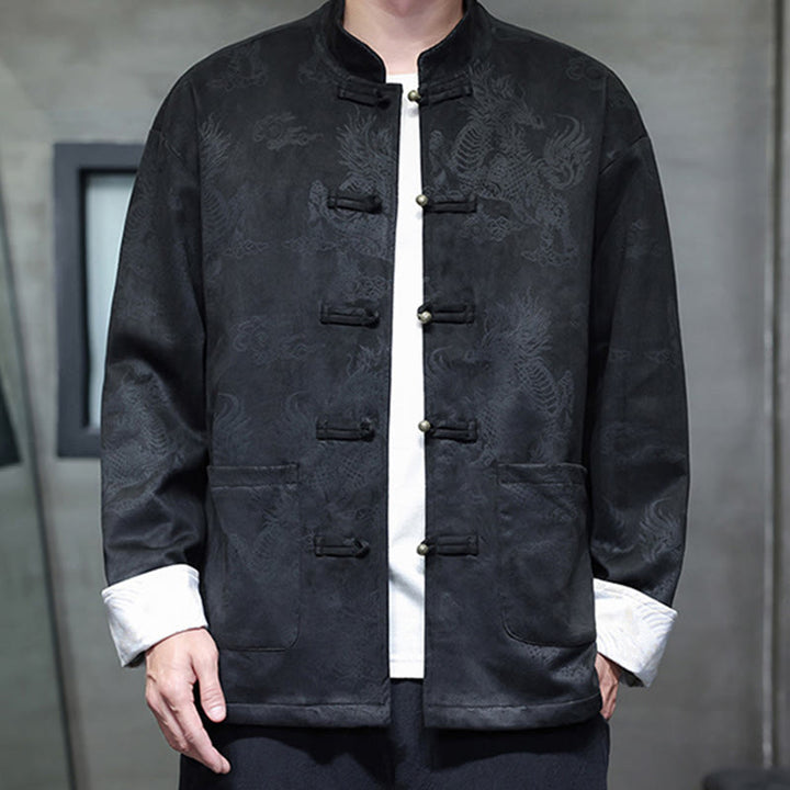 Veste et chemise à boutons de grenouille pour homme avec poches et imprimé Buddha Stones du Nouvel An chinois - Noir - US/UK/AU46，EU56 (5XL) - image 13