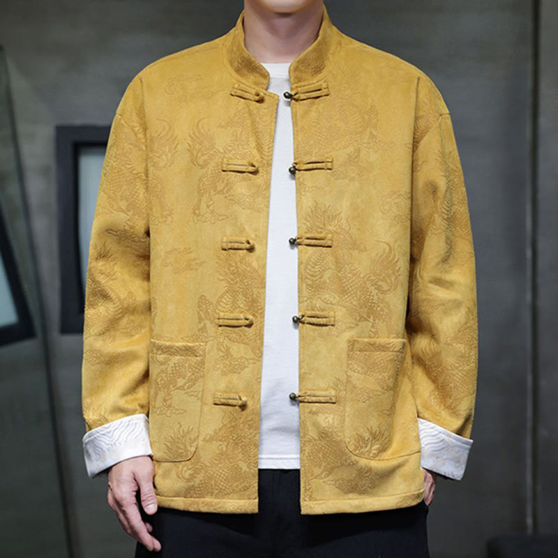 Veste et chemise à boutons de grenouille pour homme avec poches et imprimé Buddha Stones du Nouvel An chinois - Jaune - US/UK/AU46，EU56 (5XL) - image 1