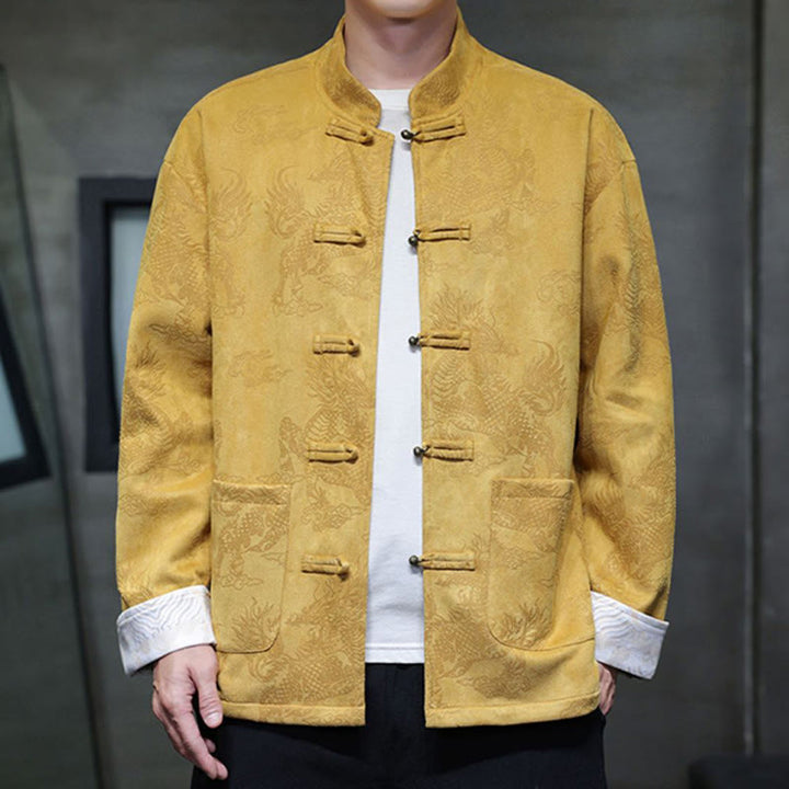 Veste et chemise à boutons de grenouille pour homme avec poches et imprimé Buddha Stones du Nouvel An chinois - Jaune - US/UK/AU46，EU56 (5XL) - image 1