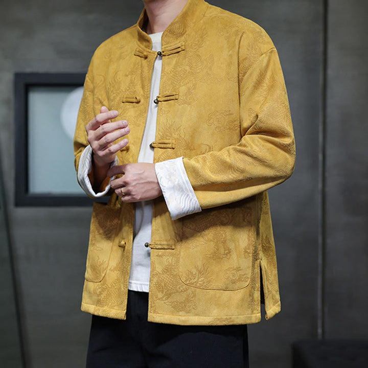 Veste et chemise à boutons de grenouille pour homme avec poches et imprimé Buddha Stones du Nouvel An chinois